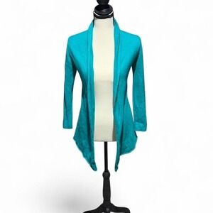 100% Cashmere Open Front Cardigan Sweater Women's M Fits XS Teal Long Sleeve